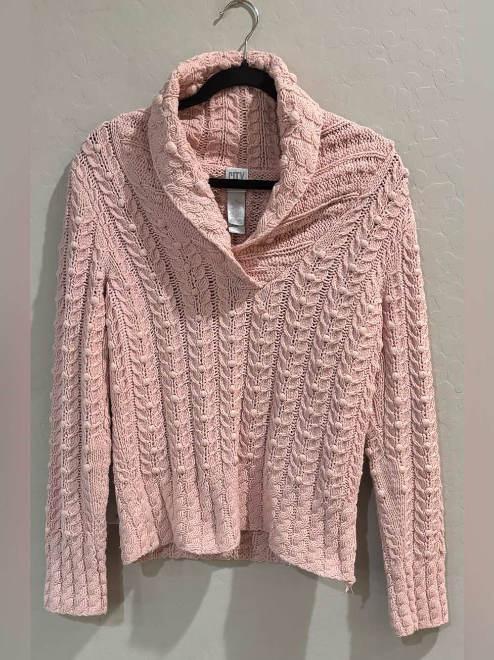 City DKNY Chunky Cable Knit Sweater Salmon Pink Shawl Collar Size MEDIUM Y2K